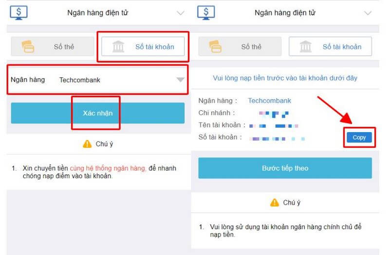 Các bước nạp tiền qua ngân hàng điện tử Các bước nạp tiền qua ngân hàng điện tử